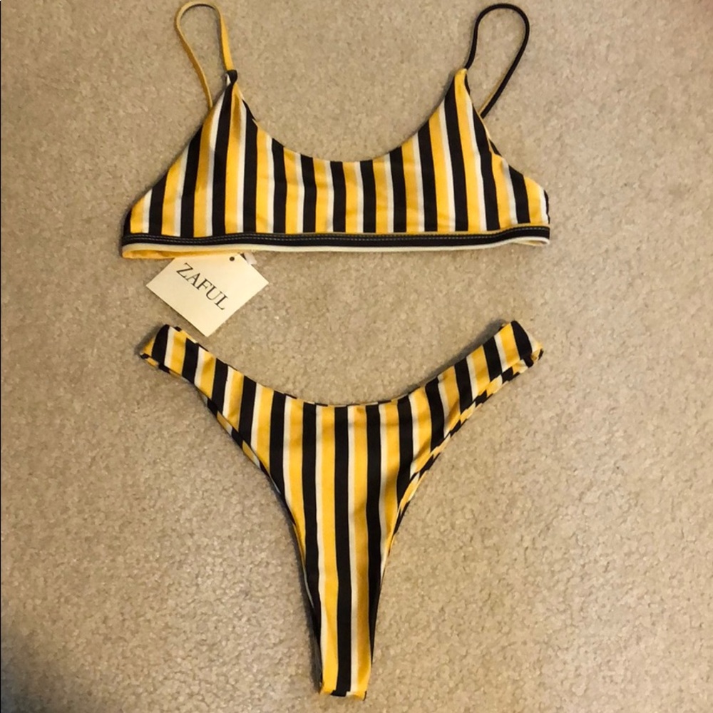 Black yellow and white striped bikini